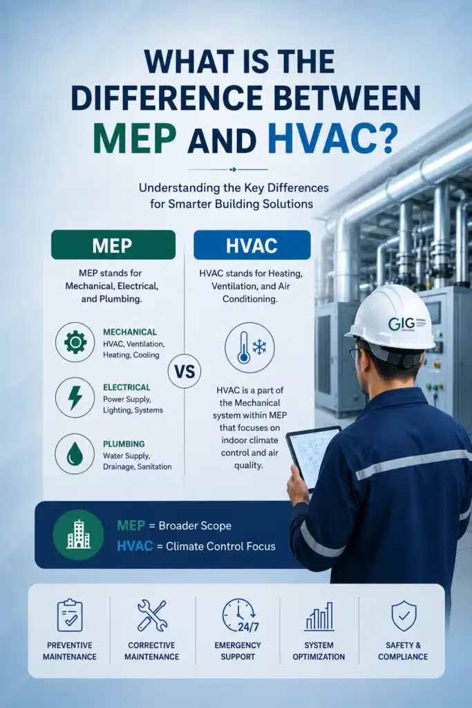 Infographic explaining the difference between MEP and HVAC systems, showing mechanical, electrical, plumbing, heating, ventilation, and air conditioning components used in commercial buildings and facility maintenance.