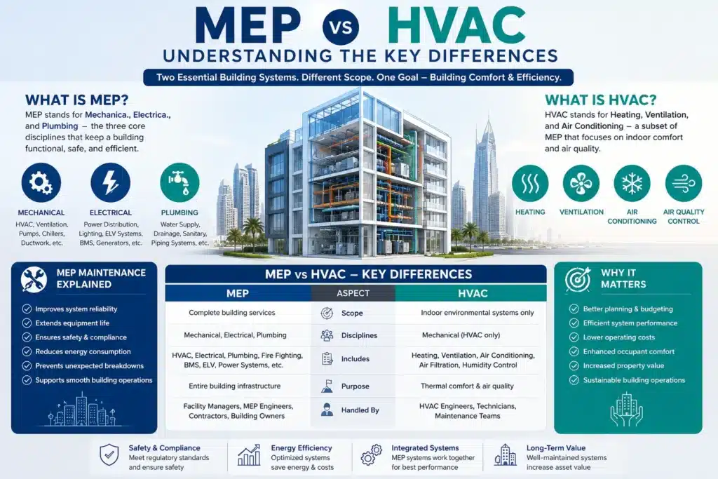 MEP vs HVAC comparison infographic showing Mechanical, Electrical and Plumbing systems, HVAC components, maintenance requirements, and key differences in commercial buildings.
