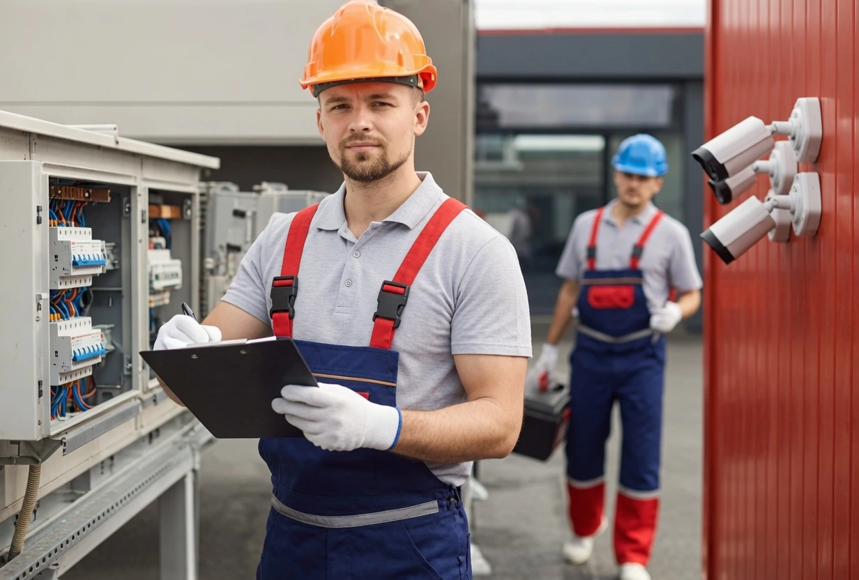 Professional engineers installing an integrated ELV security system including CCTV, access control, structured cabling and smart building technologies inside a modern commercial building in the UAE.